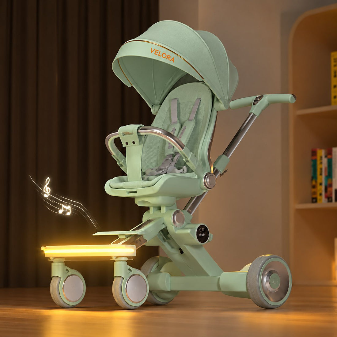 VELORA Kinderwagen Pastorale in Olivgrün mit beleuchteter Fußstütze und Musik