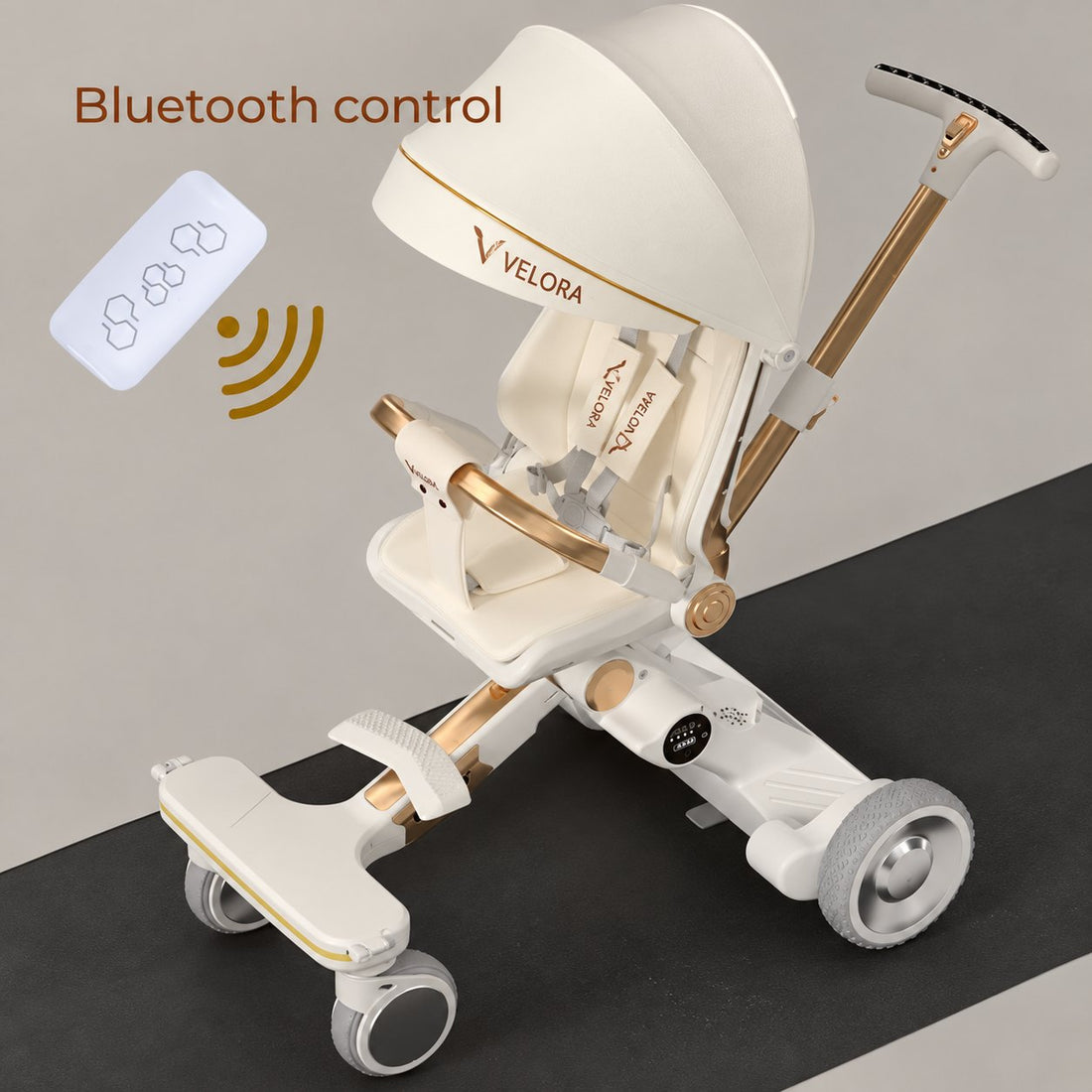 VELORA kinderwagen Serenade in beige en goud met afstandsbediening voor de elektrische aandrijving