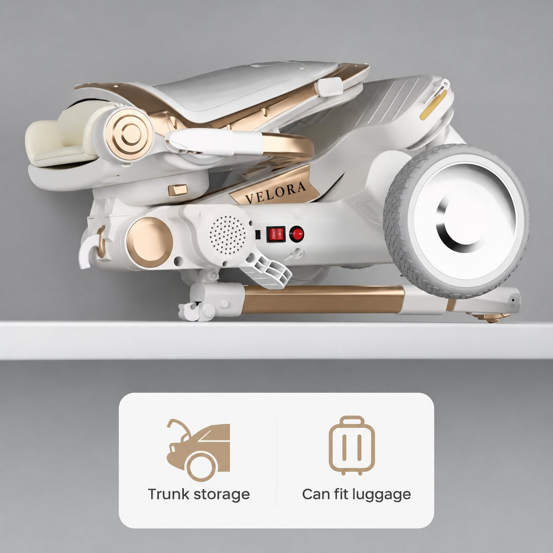 VELORA kinderwagen Serenade in beige en goud, compact opgevouwen voor de kofferbak