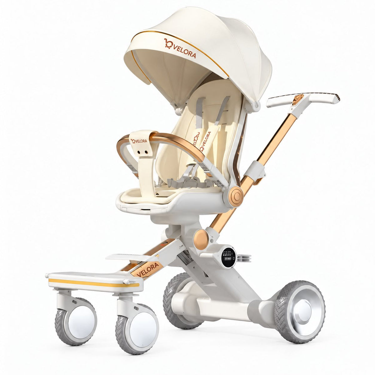 VELORA poussette électrique, édition Serenade en beige et or, vue de face