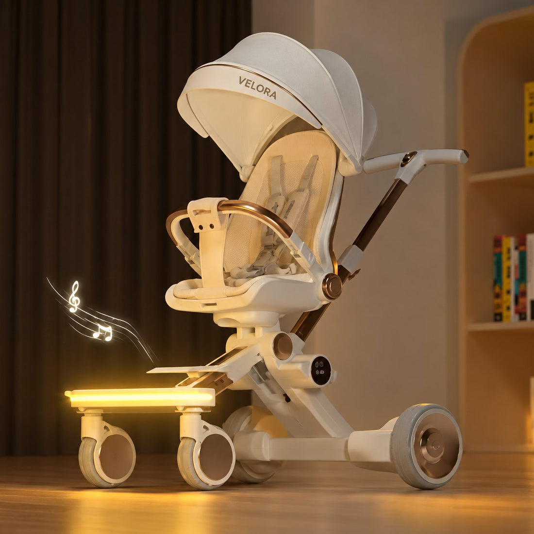 VELORA kinderwagen Serenade in beige en goud met verlichte voetensteun en muziek