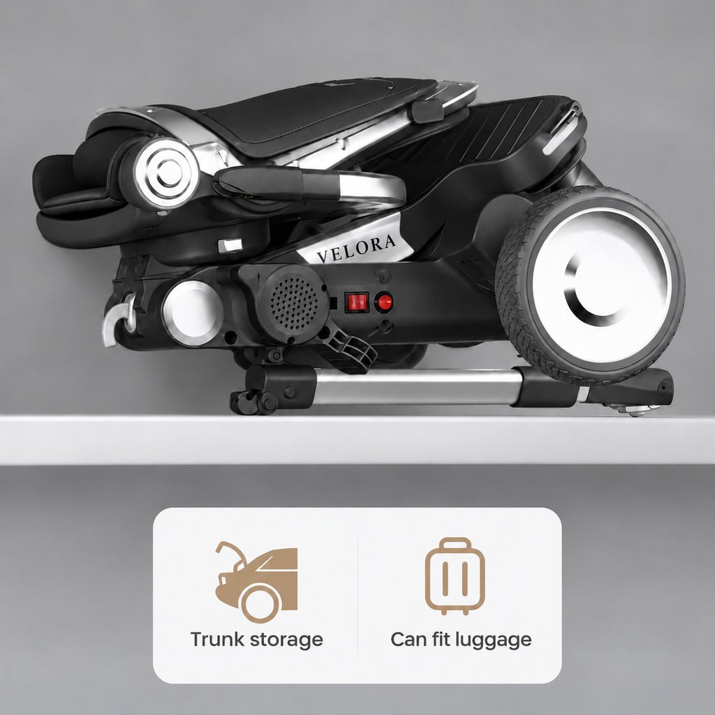 VELORA Kinderwagen Nocturne in Schwarz, kompakt zusammengeklappt für den Kofferraum