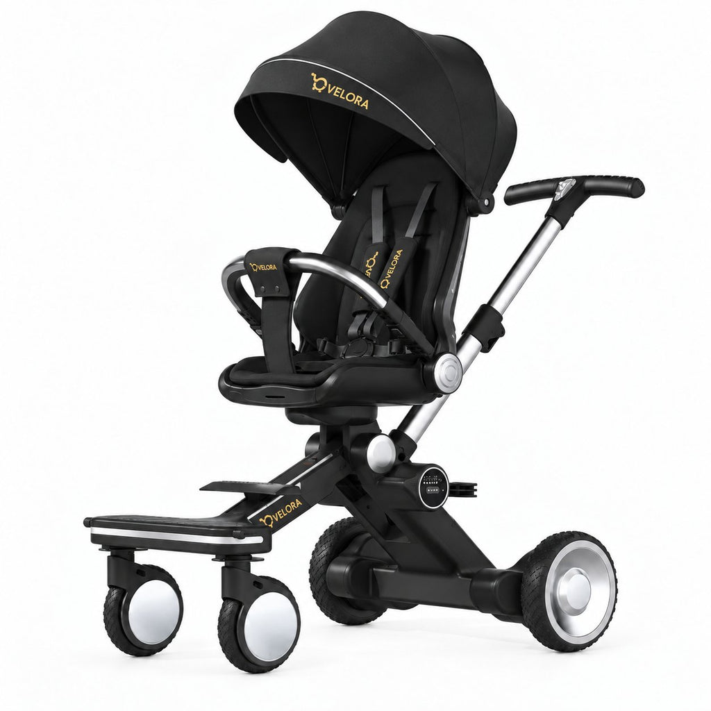VELORA elektrischer Kinderwagen, Edition Nocturne in Schwarz, Vorderansicht