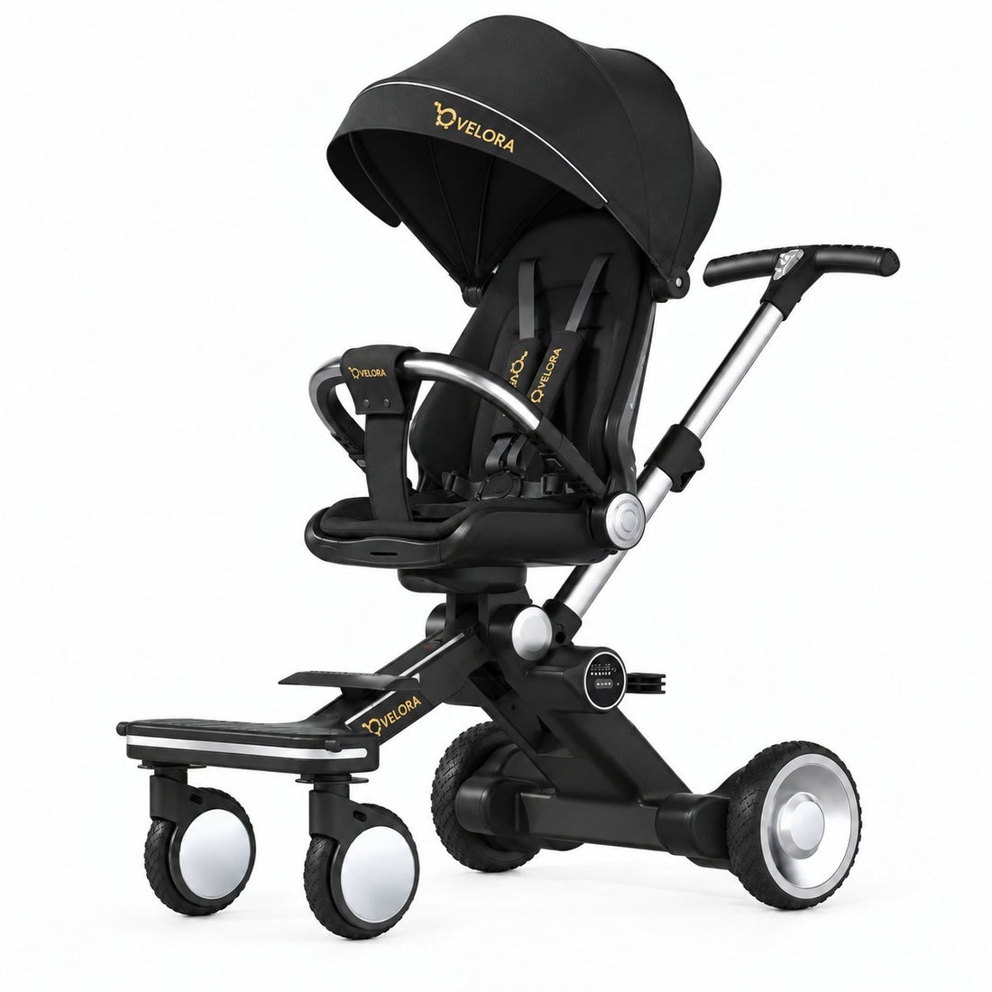 Velora elektrischer Kinderwagen, Edition Nocturne in Schwarz, Vorderansicht