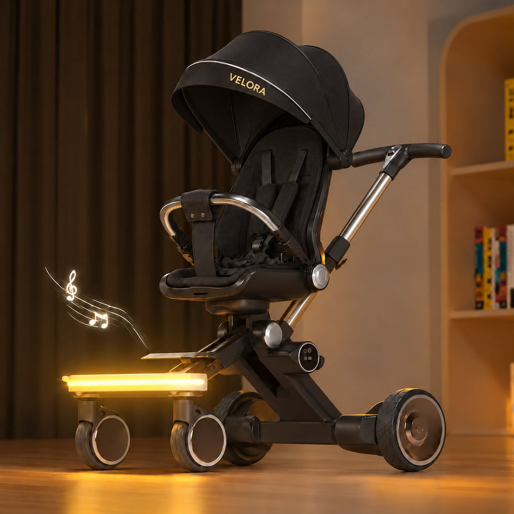 VELORA Kinderwagen Nocturne in Schwarz mit beleuchteter Fußstütze und Musik