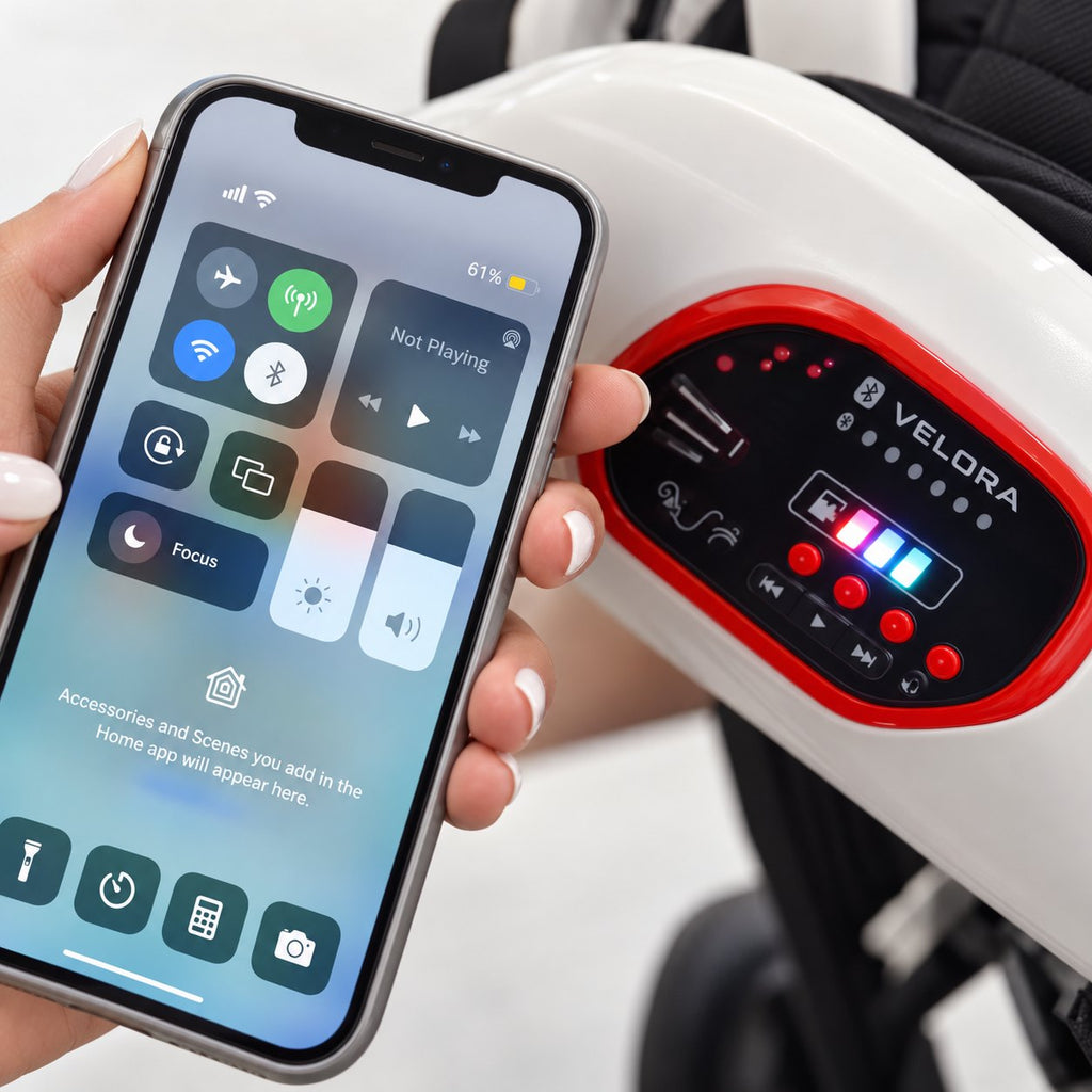 Bluetooth music console with separate music buttons on the Serenade VELORA stroller